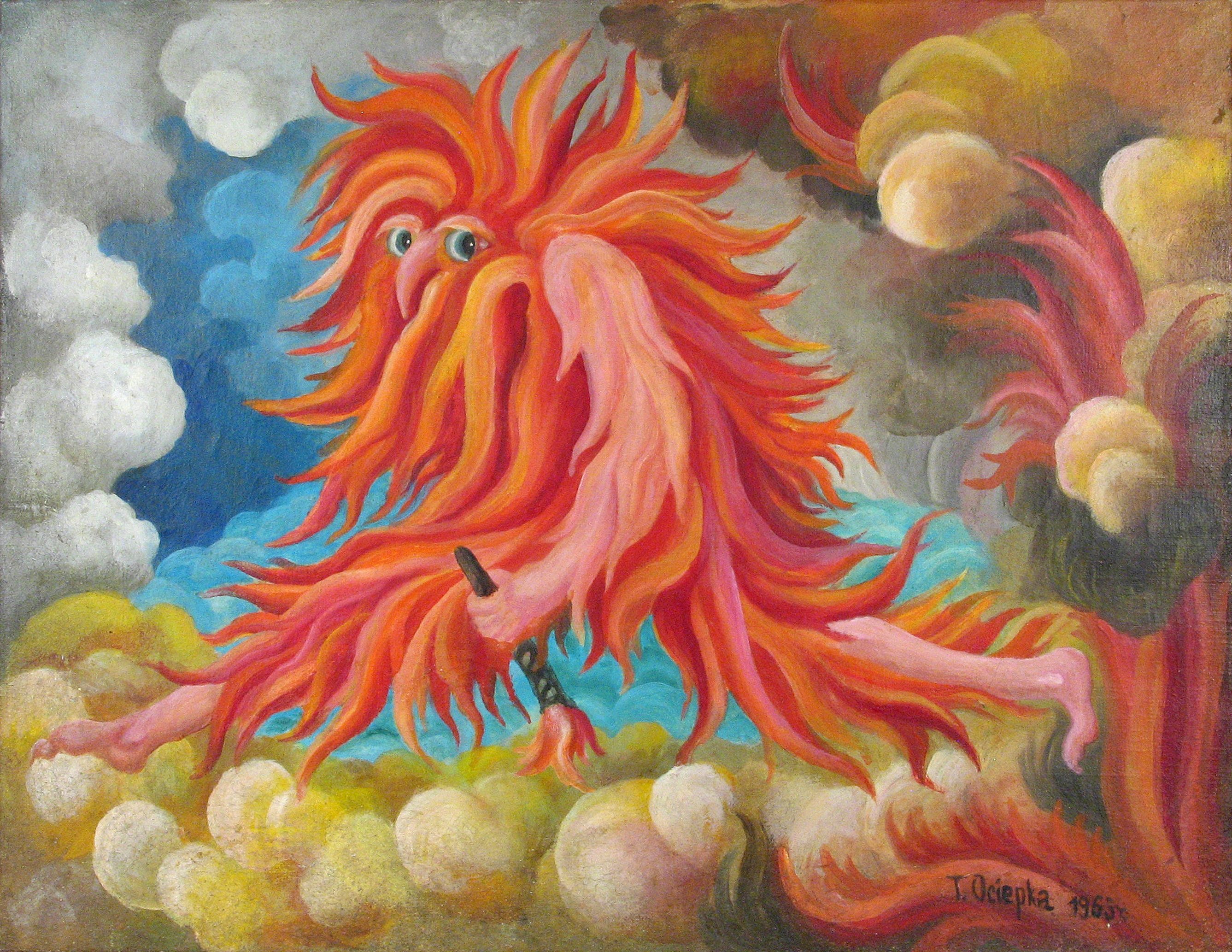 Painting by Teofil Ociepka: a flame-haired creature with wide eyes, holding a brush as it leaps through clouds